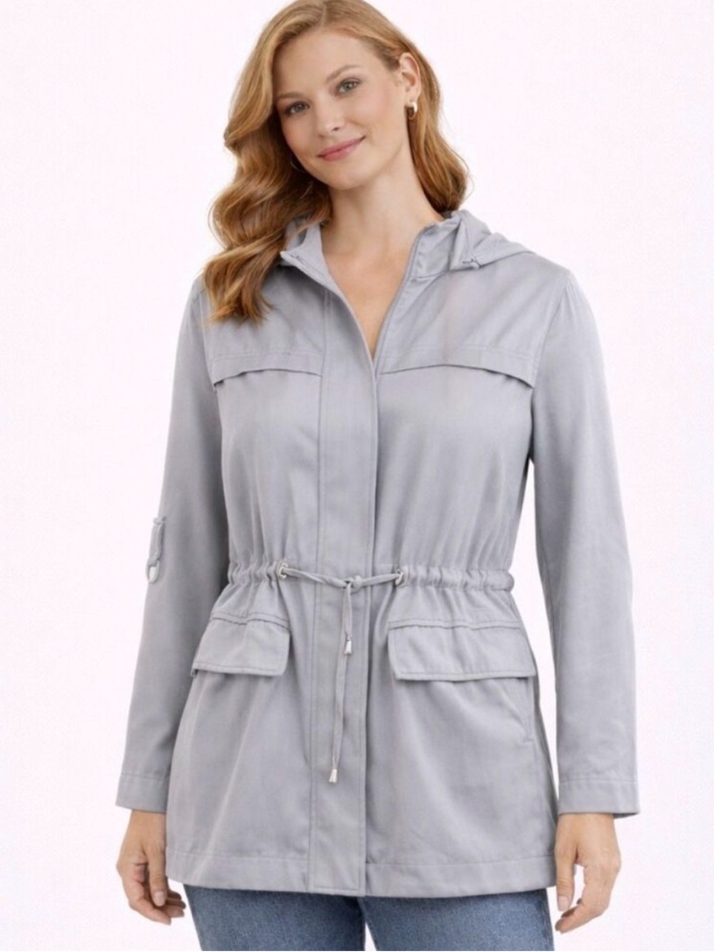 Avec Les Filles Light Gray Anorak Drawstring Hooded Jacket sz Large
